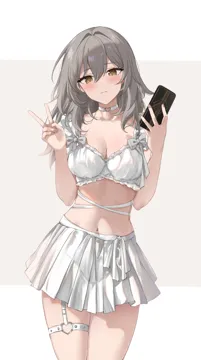 1girl alternate_costume blush bra breasts cellphone choker cleavage closed_mouth cowboy_shot feint721 grey_hair heart heart_o_ring holding holding_phone honkai__series honkai__star_rail linea_alba long_hair looking_at_viewer medium_breasts navel o_ring phone pleated_skirt skirt smartphone solo stelle__honkai__star_rail stomach thigh_strap trailblazer__honkai__star_rail underwear white_bra white_choker white_skirt yellow_eyes