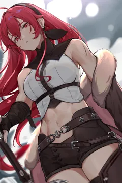 1girl abs aged_up ahoge bare_shoulders blurry blurry_background boots breasts brown_gloves closed_mouth crop_top detached_collar earrings eris_greyrat fingerless_gloves from_below fur_collar gloves hair_between_eyes hairband high_collar holding holding_sword holding_weapon jewelry long_hair medium_breasts mushoku_tensei navel off_shoulder red_eyes red_hair scar scar_on_arm shiny shirt short_shorts shorts sleeveless sleeveless_shirt solo standing strap sword thick_eyebrows thigh_boots thighhighs thighs toned weapon xiu_kukkii