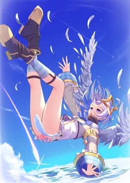 1girl angel angel_wings armband black_hair blue_bow blue_bowtie blue_hair blue_socks boots bow bowtie cloud colored_inner_hair convenient_censoring cropped_jacket day falling feathered_wings feathers frilled_skirt frills full_body gingham_legwear grey_hair grey_jacket halo jacket legwear_garter long_sleeves multicolored_hair outstretched_arms purple_eyes shirt short_hair skirt sky socks solo star_halo turtleneck virtual_youtuber white_shirt wings cocoablue23 hololive amane_kanata__hololive amane_kanata__1st_costume__hololive