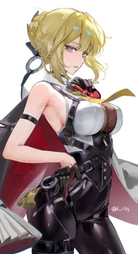 1girl artist_name asymmetrical_gloves black_gloves blonde_hair blush breasts cowboy_shot evelyn_chevalier gloves hair_between_eyes half_gloves hand_on_own_hip high_waist_pants large_breasts looking_at_viewer mole mole_under_eye multicolored_gloves necktie pants parted_lips partially_fingerless_gloves purple_eyes rity sidelocks simple_background sleeveless solo standing thighs tight_clothes tight_pants two_tone_gloves watermark white_background yellow_necktie zenless_zone_zero