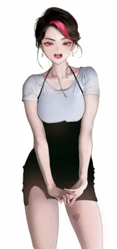 1girl black_skirt breasts brown_hair collarbone cowboy_shot earrings heart heart_earrings heart_tattoo jewelry leg_tattoo looking_at_viewer medium_breasts multicolored_hair necklace open_mouth pencil_skirt red_eyes red_hair shirt short_hair short_sleeves simple_background skirt solo standing sweat t_shirt tattoo teeth two_tone_hair upper_teeth_only white_background white_shirt gdhs
