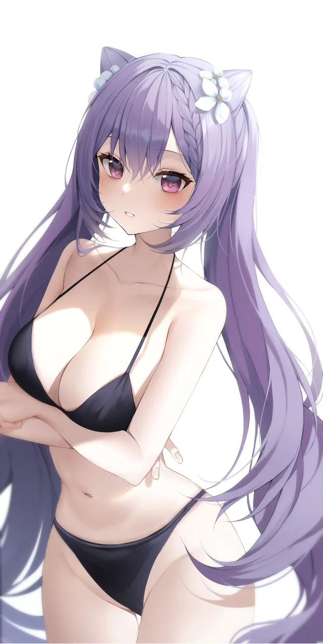 1girl arms_under_breasts bare_arms bare_shoulders bikini black_bikini blush braid breasts cleavage cone_hair_bun cowboy_shot crossed_arms double_bun flower genshin_impact groin hair_between_eyes hair_bun hair_flower hair_ornament halterneck highleg highleg_bikini keqing__genshin_impact large_breasts long_hair navel parted_lips purple_eyes purple_hair simple_background solcha solo stomach swimsuit thigh_gap twintails very_long_hair white_background white_flower
