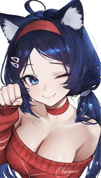 1girl ahoge animal_ears bare_shoulders blue_eyes blue_hair blush breasts cat_ears cat_girl choker cleavage collarbone fang hair_ornament hairband hairpin kemonomimi_mode large_breasts long_hair looking_at_viewer low_twintails one_eye_closed paw_pose red_choker red_hairband red_sweater signature skin_fang smile solo sweater twintails upper_body white_background chokopaii miside crazy_mita__miside mita__miside