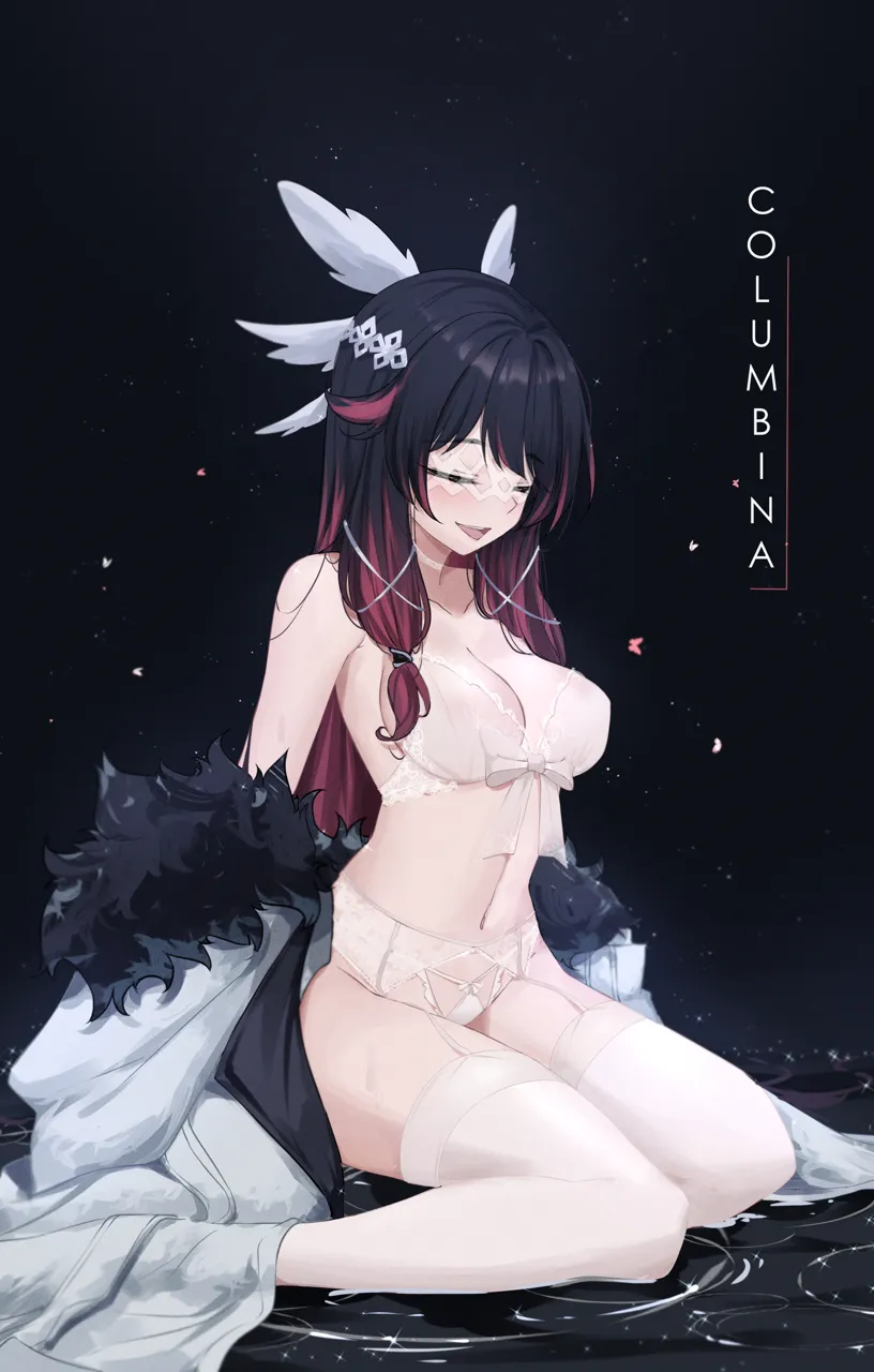 1girl bare_shoulders black_background black_hair blush bow bra breasts bug butterfly choker cleavage closed_eyes coat columbina__genshin_impact eye_mask fatui_coat feint721 fur_trim fur_trimmed_coat garter_belt genshin_impact gradient_hair head_wings large_breasts lingerie long_hair multicolored_hair navel off_shoulder open_mouth panties red_hair ripples see_through_clothes sitting sitting_on_water smile solo stomach streaked_hair string_panties thighhighs thighs two_tone_hair underwear wariza water white_bow white_bra white_choker white_coat white_mask white_panties white_thighhighs wings