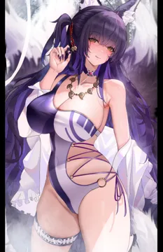 _p 1girl alternate_costume animal_ear_fluff animal_ears azur_lane bare_shoulders black_hair blush breasts claws cleavage facial_mark fox_ears fox_girl fox_tail hair_ornament jewelry large_breasts long_hair looking_at_viewer magatama magatama_necklace musashi__azur_lane necklace one_piece_swimsuit ren__2993 single_bare_shoulder solo swimsuit tail tomoe__symbol tongue tongue_out very_long_hair whisker_markings yellow_eyes