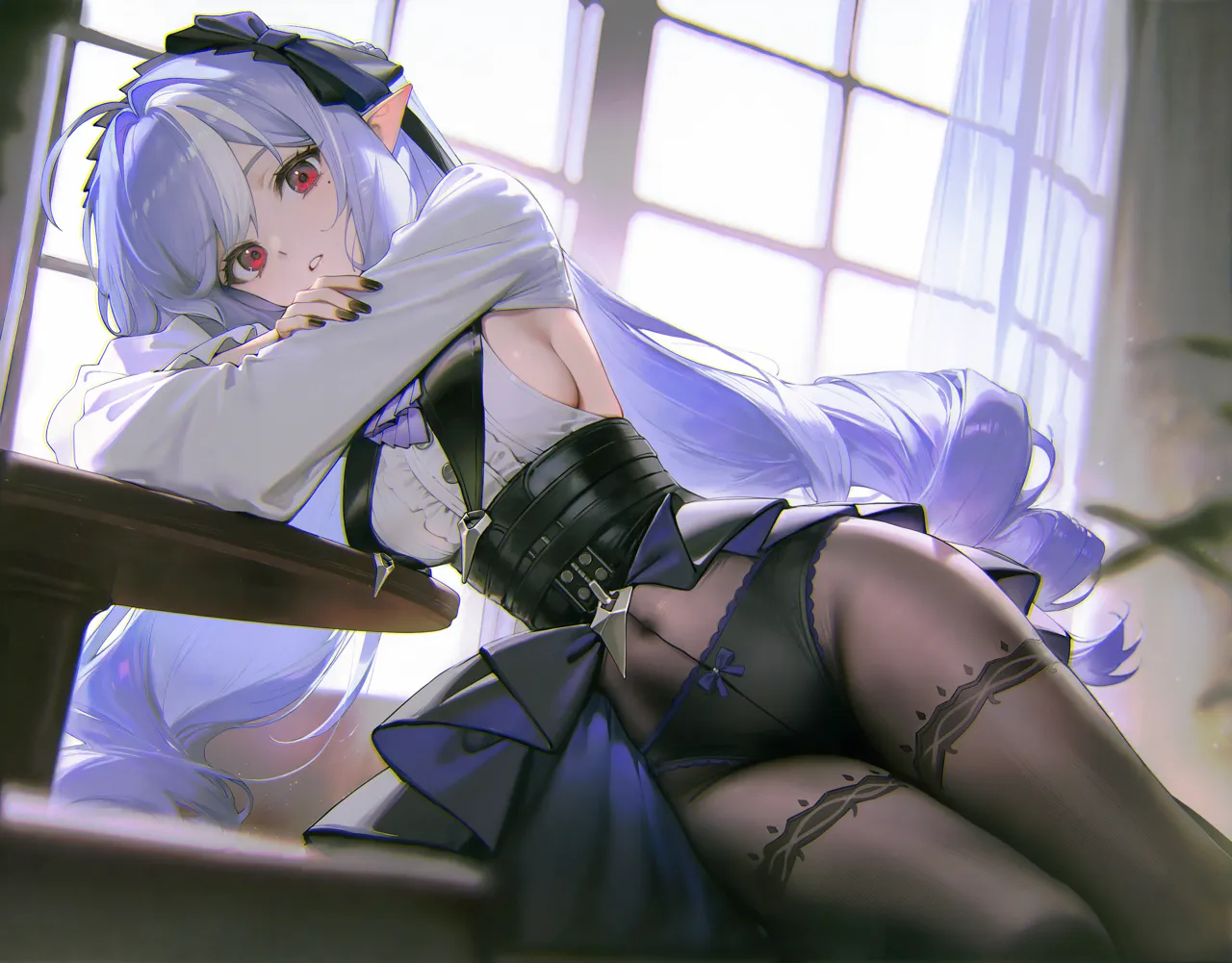 1girl ahoge ascot black_corset black_nails black_panties black_pantyhose black_skirt blurry blurry_background bow bow_panties breast_curtains breasts center_frills corset covered_navel curtains drill_hair elbow_rest frills hair_between_eyes hand_on_own_arm head_rest indoors leaning_on_table leaning_to_the_side long_hair long_sleeves looking_at_viewer medium_breasts mole mole_under_eye multicolored_hair nail_polish panties panties_under_pantyhose pantyhose parted_lips patterned_legwear pointy_ears purple_ascot purple_bow purple_hair red_eyes shrug__clothing sideboob sideboob_cutout sitting skirt solo streaked_hair thighs twin_drills underwear very_long_hair white_hair white_shrug window poki__j0ch3fvj6nd zenless_zone_zero vivian__zenless_zone_zero