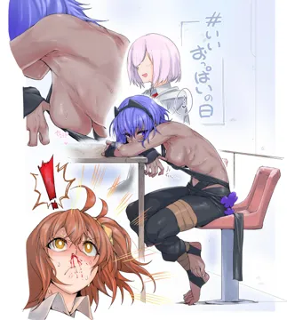 3girls ahoge arm_rest armpits aroused_nosebleed belt black_hairband black_leotard blood blue_hair blush breasts breath chair crossed_ankles dark_skin dark_skinned_female fate__series fate_grand_order fate_prototype fate_prototype__fragments_of_blue_and_silver feet fingerless_gloves fujimaru_ritsuka__female gloves hair_over_one_eye hairband hassan_of_serenity__fate head_rest leggings leotard mash_kyrielight medium_breasts multiple_girls no_shoes nosebleed on_chair orange_hair pink_hair projected_inset purple_eyes short_hair side_ponytail sideboob sitting skindentation spoken_exclamation_mark stirrup_legwear sweatdrop table toeless_legwear toes torichamaru yellow_eyes yuri