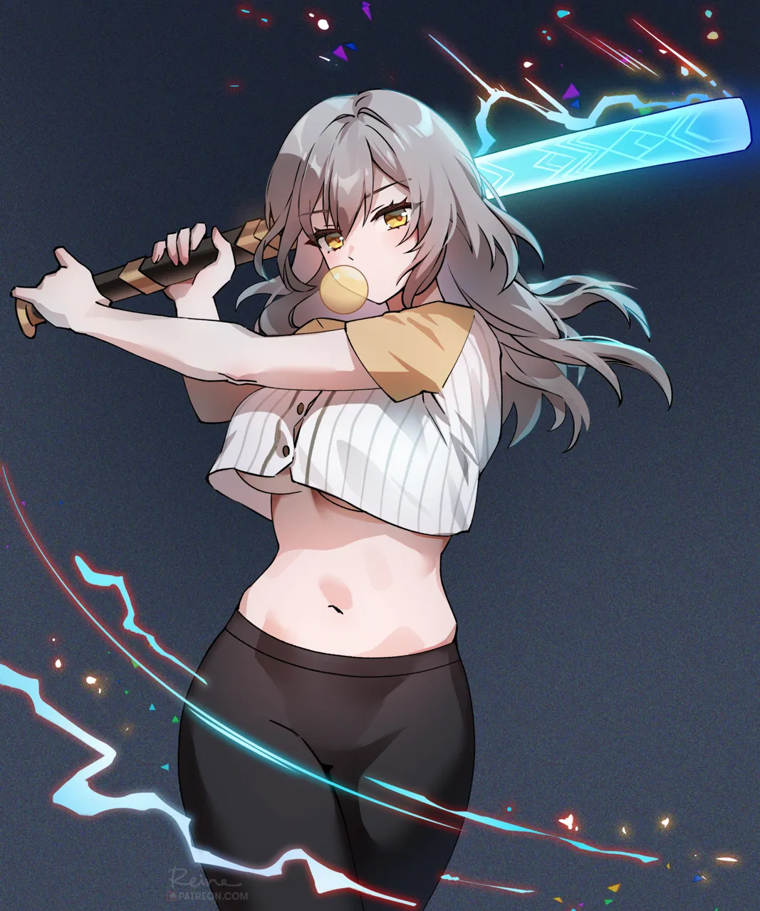 1girl alternate_costume artist_name baseball_bat baseball_uniform batting_stance black_pants blowing_bubbles breasts button_gap buttons cowboy_shot crop_top crop_top_overhang cropped_shirt foxyreine grey_hair holding holding_baseball_bat holding_weapon honkai__series honkai__star_rail leggings long_hair looking_at_viewer medium_breasts midriff navel no_bra outstretched_arm pants patreon_logo patreon_username shirt short_sleeves simple_background solo sportswear stelle__honkai__star_rail stomach trailblazer__honkai__star_rail underboob watermark weapon web_address white_shirt yellow_eyes yoga_pants