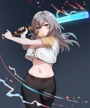1girl alternate_costume artist_name baseball_bat baseball_uniform batting_stance black_pants blowing_bubbles breasts button_gap buttons cowboy_shot crop_top crop_top_overhang cropped_shirt foxyreine grey_hair holding holding_baseball_bat holding_weapon honkai__series honkai__star_rail leggings long_hair looking_at_viewer medium_breasts midriff navel no_bra outstretched_arm pants patreon_logo patreon_username shirt short_sleeves simple_background solo sportswear stelle__honkai__star_rail stomach trailblazer__honkai__star_rail underboob watermark weapon web_address white_shirt yellow_eyes yoga_pants