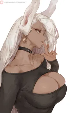 1girl animal_ears bare_shoulders black_choker black_dress boku_no_hero_academia breasts choker cleavage cleavage_cutout clothing_cutout collarbone covered_nipples covered_piercing cutesexyrobutts dark_skin dark_skinned_female dress earrings finger_to_mouth from_side jewelry large_breasts long_eyelashes long_hair mirko nipple_piercing patreon_logo patreon_username piercing rabbit_ears rabbit_girl red_eyes solo superhero_costume upper_body white_background white_hair