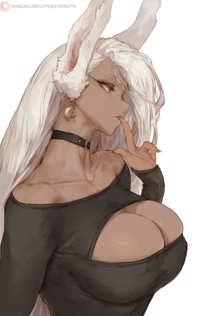 1girl animal_ears bare_shoulders black_choker black_dress boku_no_hero_academia breasts choker cleavage cleavage_cutout clothing_cutout collarbone covered_nipples covered_piercing cutesexyrobutts dark_skin dark_skinned_female dress earrings finger_to_mouth from_side jewelry large_breasts long_eyelashes long_hair mirko nipple_piercing patreon_logo patreon_username piercing rabbit_ears rabbit_girl red_eyes solo superhero_costume upper_body white_background white_hair