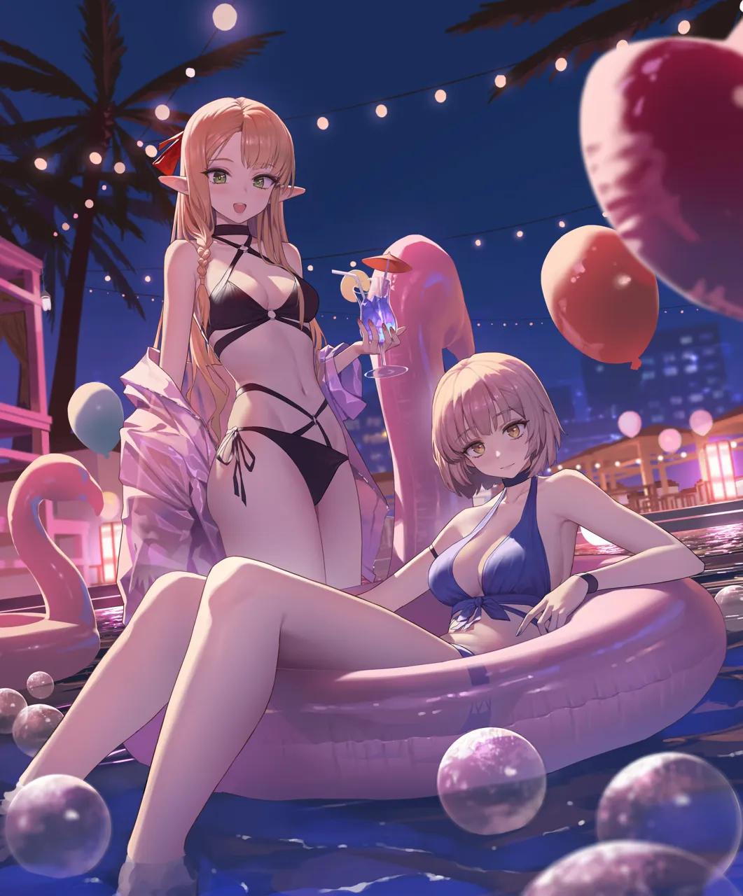 2girls balloon bikini black_bikini blonde_hair blue_bikini blue_nails blush braid breasts bubble city cityscape closed_mouth cocktail cocktail_glass contemporary criss_cross_halter cup drinking_glass elf floating green_eyes halterneck heart_balloon holding holding_cup inflatable_flamingo innertube jacket jacket_partially_removed long_hair looking_at_viewer medium_breasts multiple_girls navel night on_innertube open_mouth palm_tree partially_submerged pointy_ears pool see_through_clothes see_through_jacket short_hair side_tie_bikini_bottom small_breasts smile standing swim_ring swimsuit teeth tree upper_teeth_only water yellow_eyes xzu dungeon_meshi falin_touden__dungeon_meshi falin_touden__tallman__dungeon_meshi marcille_donato__dungeon_meshi