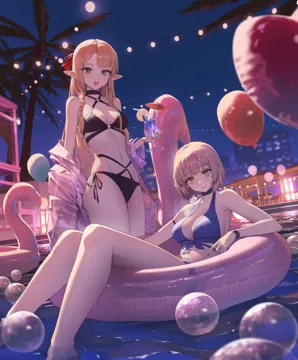 2girls balloon bikini black_bikini blonde_hair blue_bikini blue_nails blush braid breasts bubble city cityscape closed_mouth cocktail cocktail_glass contemporary criss_cross_halter cup drinking_glass elf floating green_eyes halterneck heart_balloon holding holding_cup inflatable_flamingo innertube jacket jacket_partially_removed long_hair looking_at_viewer medium_breasts multiple_girls navel night on_innertube open_mouth palm_tree partially_submerged pointy_ears pool see_through_clothes see_through_jacket short_hair side_tie_bikini_bottom small_breasts smile standing swim_ring swimsuit teeth tree upper_teeth_only water yellow_eyes xzu dungeon_meshi falin_touden__dungeon_meshi falin_touden__tallman__dungeon_meshi marcille_donato__dungeon_meshi