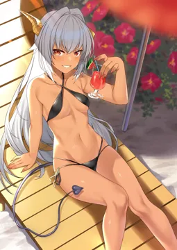 1girl bare_arms bare_legs bare_shoulders beach_chair bikini black_bikini breasts collarbone cup dark_skin dark_skinned_female demon_tail drinking_glass enjo_kouhai feet_out_of_frame fingernails flower grey_hair groin holding holding_cup horns long_hair looking_at_viewer navel parted_lips reclining red_eyes sharp_fingernails side_tie_bikini_bottom sling_bikini_top small_breasts smile solo stomach swimsuit tail takunomi ursula__takunomi very_long_hair