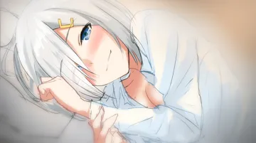 1girl bed blue_eyes blurry blush breasts cleavage clenched_hand collarbone eyebrows eyes_visible_through_hair grey_hair hair_ornament hair_over_one_eye hairclip half_closed_eyes long_sleeves looking_at_viewer lying medium_breasts on_bed on_side pillow pov short_hair sketch smile solo unbuttoned waking_up zakki3939 kantai_collection hamakaze__kancolle