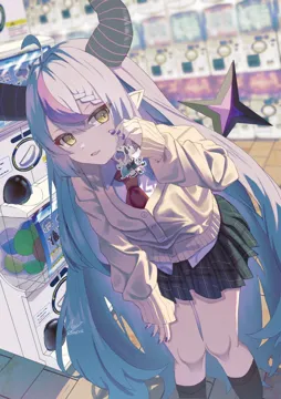 1girl ahoge alternate_costume black_horns black_socks braid braided_bangs grey_hair horns long_hair multicolored_hair pointy_ears purple_hair school_uniform socks streaked_hair striped_horns sweater very_long_hair virtual_youtuber yellow_eyes maria_onnette hololive la__darknesss__hololive