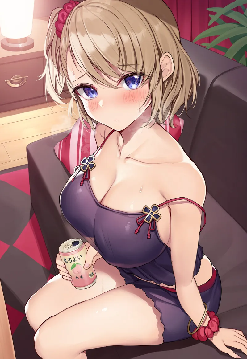 1girl azur_lane bare_shoulders black_camisole black_shorts blonde_hair blush breasts camisole can cleavage closed_mouth collarbone frilled_shorts frills furrowed_brow hair_ornament hair_scrunchie heavy_breathing holding holding_can indoors jewelry lamp large_breasts looking_at_viewer official_alternate_costume one_side_up pillow plant purple_eyes red_scrunchie scrunchie shiny_skin short_shorts shorts sitting solo strap_gap strap_slip sweat swept_bangs thighs underwear wooden_floor wrist_scrunchie xe__execut3r z23__azur_lane z23__keeper_of_the_comf_fort__azur_lane