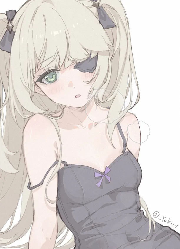 1girl alternate_costume black_dress black_ribbon blonde_hair blush dress eyepatch green_eyes hair_ribbon long_hair looking_at_viewer one_eye_covered open_mouth ribbon simple_background solo strap_slip twitter_username two_side_up upper_body white_background yukiri__l_ii genshin_impact fischl__genshin_impact