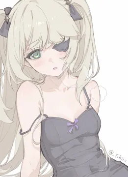 1girl alternate_costume black_dress black_ribbon blonde_hair blush dress eyepatch green_eyes hair_ribbon long_hair looking_at_viewer one_eye_covered open_mouth ribbon simple_background solo strap_slip twitter_username two_side_up upper_body white_background yukiri__l_ii genshin_impact fischl__genshin_impact