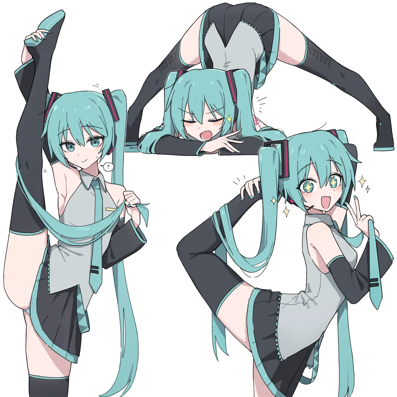 1girl aqua_eyes aqua_hair aqua_nails aqua_necktie arched_back arm_up armpits bare_shoulders black_footwear black_skirt blush boots channel__caststation closed_eyes closed_mouth collared_shirt detached_sleeves flexible flying_sweatdrops grey_shirt hair_flowing_over hand_up hands_on_ground happy hatsune_miku headphones headset holding holding_own_foot holding_own_hair jack_o__challenge long_hair looking_at_viewer looking_to_the_side miniskirt multiple_views necktie open_mouth panties pantyshot plantar_flexion pleated_skirt shirt shoe_soles simple_background skirt smile sparkling_eyes split spoken_question_mark spread_legs standing standing_on_one_leg standing_split stretching thigh_boots thighhighs top_down_bottom_up twintails underwear untucked_shirt very_long_hair vocaloid white_background wide_spread_legs zettai_ryouiki