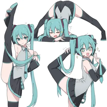 1girl aqua_eyes aqua_hair aqua_nails aqua_necktie arched_back arm_up armpits bare_shoulders black_footwear black_skirt blush boots channel__caststation closed_eyes closed_mouth collared_shirt detached_sleeves flexible flying_sweatdrops grey_shirt hair_flowing_over hand_up hands_on_ground happy hatsune_miku headphones headset holding holding_own_foot holding_own_hair jack_o__challenge long_hair looking_at_viewer looking_to_the_side miniskirt multiple_views necktie open_mouth panties pantyshot plantar_flexion pleated_skirt shirt shoe_soles simple_background skirt smile sparkling_eyes split spoken_question_mark spread_legs standing standing_on_one_leg standing_split stretching thigh_boots thighhighs top_down_bottom_up twintails underwear untucked_shirt very_long_hair vocaloid white_background wide_spread_legs zettai_ryouiki