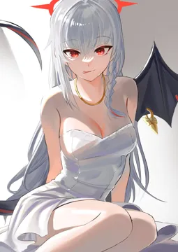 1girl alternate_costume black_tail black_wings braid breasts demon_wings dress halo piercing red_halo simple_background single_braid single_wing solo tail white_dress wing_ornament wing_piercing wings haoma blue_archive haruna__blue_archive