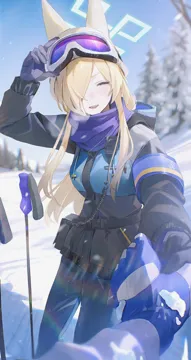 1girl 1other alternate_costume animal_ears armband black_gloves black_jacket black_pants blonde_hair blue_armband blue_gloves closed_eyes dog_ears eyewear_on_head gloves grey_jacket hair_over_one_eye halo hand_grab jacket long_hair looking_at_viewer open_mouth outdoors pants purple_scarf scarf sharp_teeth snow snow_goggles teeth flatshi blue_archive kanna__blue_archive