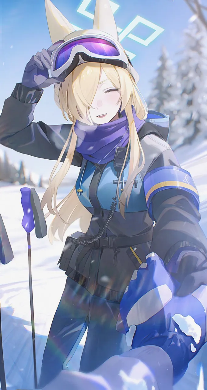 1girl 1other alternate_costume animal_ears armband black_gloves black_jacket black_pants blonde_hair blue_armband blue_gloves closed_eyes dog_ears eyewear_on_head gloves grey_jacket hair_over_one_eye halo hand_grab jacket long_hair looking_at_viewer open_mouth outdoors pants purple_scarf scarf sharp_teeth snow snow_goggles teeth flatshi blue_archive kanna__blue_archive