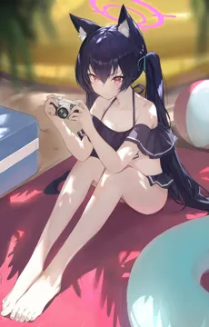 1girl animal_ear_fluff animal_ears ass ball bare_arms bare_legs bare_shoulders barefoot beachball bikini black_bikini black_hair blush breasts camera cat_ears cleavage closed_mouth collarbone extra_ears feet frilled_bikini frills hair_between_eyes halo holding holding_camera innertube long_hair official_alternate_costume pink_halo red_eyes sitting small_breasts solo swim_ring swimsuit toes twintails jiang_zhuti_jiojio blue_archive serika__blue_archive serika__swimsuit__blue_archive