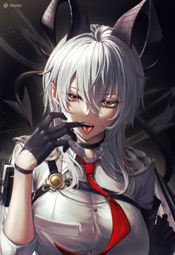 1girl arm_pouch artist_logo black_gloves black_horns black_tail breasts button_gap chest_harness collared_shirt curled_horns earrings gloves hair_between_eyes harness horns jewelry key_earrings large_breasts logo long_hair looking_at_viewer necktie open_mouth portrait red_eyes red_necktie shirt solo tacet_mark__wuthering_waves tail tongue tongue_out white_hair kenn_artz wuthering_waves zani__wuthering_waves