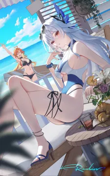 2girls ahoge alternate_costume arm_up bare_legs bare_shoulders bikini black_bikini black_choker blue_nails blue_one_piece_swimsuit blue_sky breasts casual_one_piece_swimsuit choker cleavage collarbone crossed_legs cup cutout_above_navel day drinking_glass dutch_angle eyewear_on_head facing_viewer feet finger_to_mouth front_tie_bikini_top front_tie_top grey_hair hair_between_eyes hair_ornament hand_up high_heel_sandals holding holding_surfboard large_breasts legs long_hair looking_at_viewer multi_strapped_bikini_bottom multiple_girls nail_polish navel ocean one_piece_swimsuit open_mouth orange_hair outdoors parted_lips red_eyes sandals signature sky smile stomach sunglasses surfboard swimsuit thighs toes underboob very_long_hair waving raidriar_18 genshin_impact mavuika__genshin_impact skirk__genshin_impact