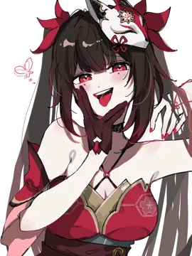 1girl black_choker breasts brown_hair choker cleavage criss_cross_halter dress facial_hair fox_mask halterneck hands_up long_hair mask mask_on_head nail_polish open_mouth red_dress red_eyes red_nails simple_background sleeveless sleeveless_dress solo symbol_in_eye tongue tongue_out twintails white_background jako_gnsn honkai__star_rail honkai__series sparkle__honkai__star_rail