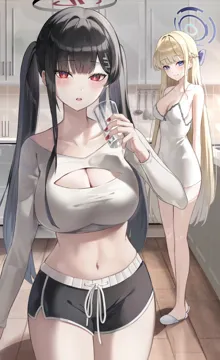 2girls alternate_costume alternate_hairstyle bare_arms bare_legs bare_shoulders black_hair blonde_hair blue_archive blue_eyes blue_halo bow breasts bright_pupils cleavage cleavage_cutout clothing_cutout cowboy_shot crop_top cup dolphin_shorts drawstring dress drinking_glass hair_bow hair_ornament hairclip halo hand_up holding holding_cup jaduade large_breasts long_hair long_sleeves looking_at_viewer midriff multiple_girls nail_polish navel open_mouth red_eyes red_nails rio__blue_archive shirt short_dress short_shorts shorts sleeveless sleeveless_dress slippers spaghetti_strap standing stomach taut_clothes taut_shirt thighs toki__blue_archive twintails very_long_hair white_dress white_shirt