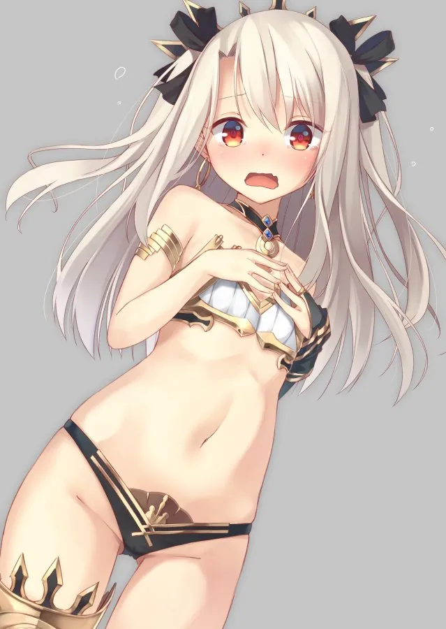 1girl amanuki_san arm_warmers armlet black_ribbon blonde_hair blush cosplay cowboy_shot fate__series fate_grand_order fate_kaleid_liner_prisma_illya flat_chest flying_sweatdrops grey_background hair_ribbon hands_on_own_chest illyasviel_von_einzbern ishtar__fate ishtar__fate__cosplay jewelry long_hair looking_at_viewer navel open_mouth red_eyes revealing_clothes ribbon ring simple_background single_arm_warmer single_thighhigh solo thighhighs thighs two_side_up wavy_mouth