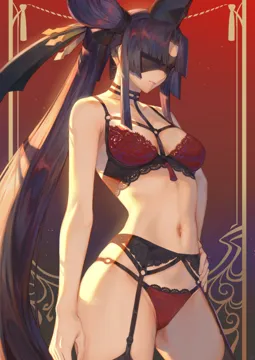 1girl arm_at_side black_choker black_garter_belt black_hair black_thighhighs blindfold bra breasts choker closed_mouth fate__series fate_grand_order garter_belt hair_bun hair_ornament hair_stick hand_on_own_hip hat lace_trim lace_trimmed_bra lace_trimmed_panties lingerie mashuu__neko_no_oyashiro medium_breasts navel panties red_background red_bra red_panties side_ponytail single_side_bun solo stomach taira_no_kagekiyo__fate tate_eboshi thighhighs thighs underwear underwear_only ushiwakamaru__fate