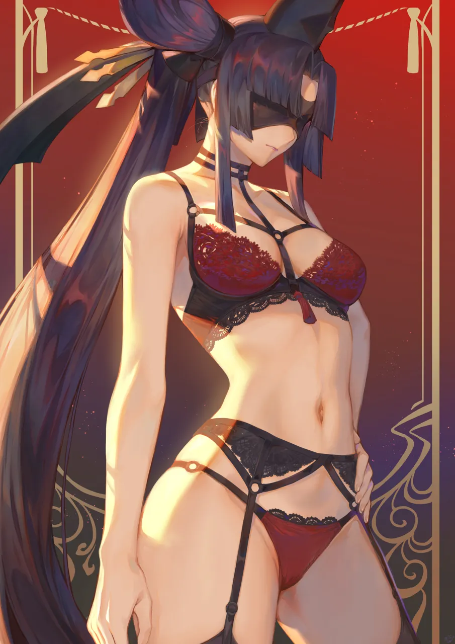 1girl arm_at_side black_choker black_garter_belt black_hair black_thighhighs blindfold bra breasts choker closed_mouth fate__series fate_grand_order garter_belt hair_bun hair_ornament hair_stick hand_on_own_hip hat lace_trim lace_trimmed_bra lace_trimmed_panties lingerie mashuu__neko_no_oyashiro medium_breasts navel panties red_background red_bra red_panties side_ponytail single_side_bun solo stomach taira_no_kagekiyo__fate tate_eboshi thighhighs thighs underwear underwear_only ushiwakamaru__fate
