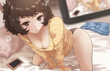1girl all_fours bed breasts cellphone cellphone_photo denim denim_skirt looking_at_viewer panties phone shirt skirt solo spoken_question_mark striped_clothes striped_shirt underwear yellow_shirt kurosususu persona_5 kawakami_sadayo__persona_5