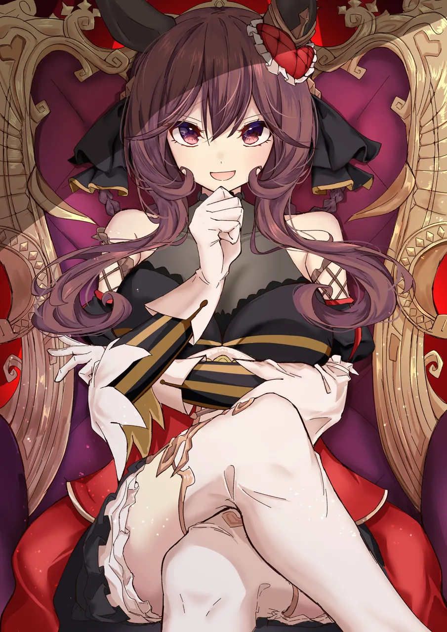 1girl animal_ears bare_shoulders black_ribbon braid breasts brown_hair crossed_legs gloves hair_between_eyes hair_ornament hair_ribbon heart heart_hair_ornament horse_ears horse_girl large_breasts long_hair looking_at_viewer open_mouth red_eyes ribbon sitting sitting_on_throne smile solo thighhighs thighs throne white_gloves white_thighhighs amaxa umamusume gentildonna__umamusume
