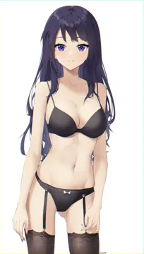 1girl bare_shoulders black_bra black_hair black_panties black_thighhighs bra breasts chromatic_aberration cleavage closed_mouth collarbone cowboy_shot garter_straps hibike__euphonium kousaka_reina lace_trim lace_trimmed_legwear long_hair looking_at_viewer medium_breasts navel panties purple_eyes purple_nails signature simple_background smile solo steeb straight_hair thighhighs underwear underwear_only white_background