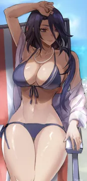 1girl alternate_costume arm_on_own_head artist_name beach_chair bikini blue_bikini blue_hair breasts cleavage clorinde__genshin_impact closed_mouth front_tie_bikini_top front_tie_top genshin_impact hair_between_eyes halterneck jewelry large_breasts long_hair looking_at_viewer navel necklace outdoors pearl_necklace relaxing side_tie_bikini_bottom sitting solo string_bikini swimsuit tommy__kingdukeee