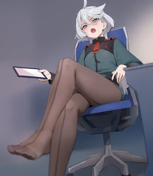1girl ahoge asticassia_school_uniform asymmetrical_bangs blurry blurry_foreground blush brown_pantyhose chair crossed_legs desk dress epaulettes eyelashes feet foot_out_of_frame foreshortening green_dress grey_background grey_eyes grey_hair gundam gundam_suisei_no_majo hair_between_eyes holding leaning_back legs long_hair miorine_rembran no_shoes open_mouth pantyhose school_uniform short_dress shoulder_boards sitting solo swept_bangs tablet_pc toes yd__orange_maru