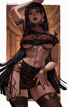 1girl alternate_costume arm_tattoo arm_up artist_name aztec black_choker black_hair black_lips black_nails black_shirt black_skirt blunt_bangs border bracelet breasts brown_eyes brown_thighhighs chel__the_road_to_el_dorado chest_tattoo choker crop_top dark_skin dark_skinned_female earrings english_text goth_chel goth_fashion hand_on_own_thigh hime_cut hip_vent inspy_art jewelry large_breasts leg_tattoo lip_piercing lip_ring long_hair looking_at_viewer midriff miniskirt native_american navel navel_piercing outside_border patreon_logo patreon_username pelvic_curtain piercing revealing_clothes shirt short_bangs side_slit skirt sleeveless sleeveless_shirt solo tattoo the_road_to_el_dorado thighhighs torn_clothes torn_thighhighs tribal_tattoo underboob very_long_hair white_border