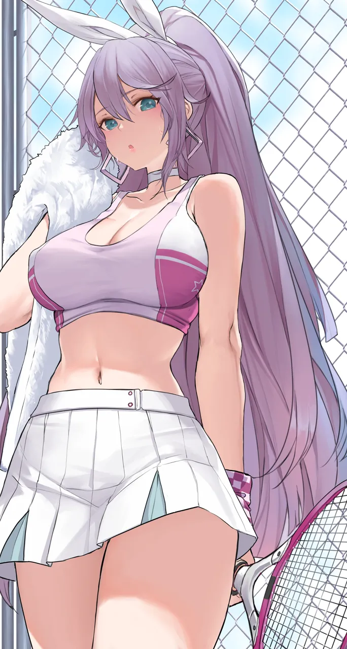 _o 1girl against_fence alternate_costume azur_lane bare_shoulders blue_eyes blush breasts bremerton__azur_lane bremerton__azur_lane__cosplay bremerton__scorching_hot_training__azur_lane chain_link_fence cleavage collarbone cosplay crop_top dishwasher1910 fence from_below hair_ribbon high_ponytail holding holding_racket holding_towel intrepid__azur_lane large_breasts long_hair looking_at_viewer looking_down midriff navel pleated_skirt ponytail purple_hair racket ribbon skirt solo sports_bra sweat tennis_racket towel very_long_hair white_ribbon white_skirt wiping_face