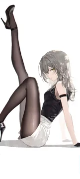 1girl alternate_costume ankle_strap arm_strap arm_support bare_shoulders black_gloves black_pantyhose black_shirt black_shoes foot_out_of_frame from_side gloves grey_hair hidulume high_heels honkai__series honkai__star_rail knee_up leg_up legs long_hair looking_at_viewer outstretched_leg pantyhose parted_lips plantar_flexion profile shirt shoes shorts sideways_glance sideways_mouth simple_background sitting sleeveless sleeveless_shirt solo stelle__honkai__star_rail stiletto_heels thighs trailblazer__honkai__star_rail white_background white_shorts yellow_eyes
