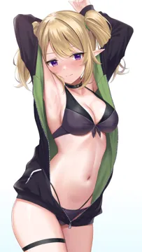 1girl 3 armpits arms_behind_head arms_up bikini black_bikini black_choker black_jacket blonde_hair blush breasts chloe__princess_connect choker closed_mouth cowboy_shot elf front_tie_bikini_top front_tie_top halterneck highleg highleg_bikini jacket long_hair long_sleeves looking_at_viewer medium_breasts navel nose_blush open_clothes open_jacket pointy_ears princess_connect purple_eyes rama__yu_light8 sidelocks simple_background solo stomach strap_gap string_bikini swimsuit thigh_strap thighs twintails white_background