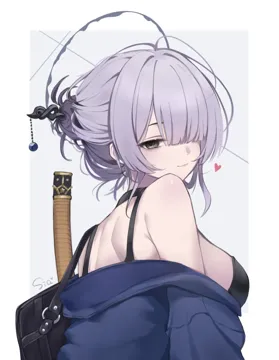 1girl artist_name back bag bags_under_eyes bare_shoulders black_bra black_choker blue_cardigan bra breasts cardigan choker grey_background grey_eyes grey_hair hair_between_eyes hair_ornament hair_over_one_eye hair_stick halo heart large_breasts long_bangs long_hair looking_at_viewer looking_back partially_undressed solo sword sword_on_back underwear weapon weapon_on_back sia233333 project_kv itokonoue_kaoru__project_kv
