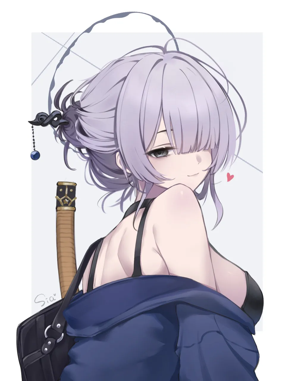 1girl artist_name back bag bags_under_eyes bare_shoulders black_bra black_choker blue_cardigan bra breasts cardigan choker grey_background grey_eyes grey_hair hair_between_eyes hair_ornament hair_over_one_eye hair_stick halo heart large_breasts long_bangs long_hair looking_at_viewer looking_back partially_undressed solo sword sword_on_back underwear weapon weapon_on_back sia233333 project_kv itokonoue_kaoru__project_kv