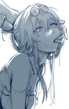 1girl 1other bare_shoulders blush breasts eyewear_on_head finger_in_another_s_mouth finger_to_another_s_mouth hews honkai__series honkai__star_rail kafka__honkai__star_rail large_breasts long_hair monochrome round_eyewear shirt sketch sunglasses sweat tongue tongue_out white_background
