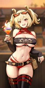 1girl artist_name bandeau belt black_bandeau black_thighhighs blonde_hair blurry blurry_background breasts burnice_white crop_top cup drinking_glass eyewear_on_head fingernails fire foxyreine holding holding_cup large_breasts looking_at_viewer medium_hair nail_polish navel open_mouth red_belt red_eyes red_nails smile solo standing stomach strapless sunglasses teeth thighhighs thighs tube_top twintails underboob zenless_zone_zero