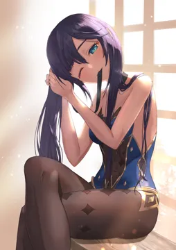 _3 1girl announ__kurotya backlighting bare_shoulders black_hair blue_leotard blush bodystocking breasts brown_pantyhose choker covered_navel crossed_legs earrings genshin_impact gold_trim green_eyes highleg highleg_leotard jewelry leotard long_hair looking_at_viewer medium_breasts mona__genshin_impact mouth_hold no_headwear one_eye_closed pantyhose sitting smile solo star__symbol star_earrings thighs twintails tying_hair window
